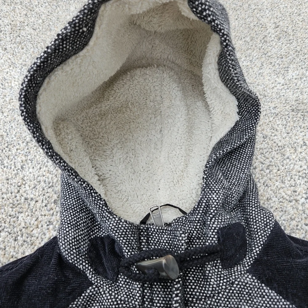 Prana Megan Black Tweed Duffle Wool Blend Jacket Sherpa Hood Toggle Womens XS
